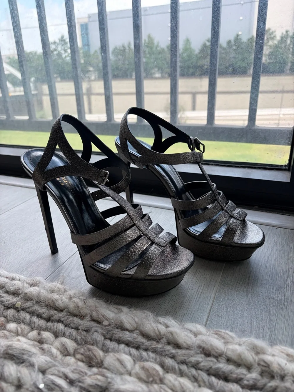 Saint Laurent Metallic Black Strappy Platform Heels - Picture 2 of 6